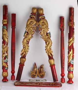 Table Leg Set Vintage Old Antique Chinese Shop Sign Gold & Red Patina Dragon Lot photo
