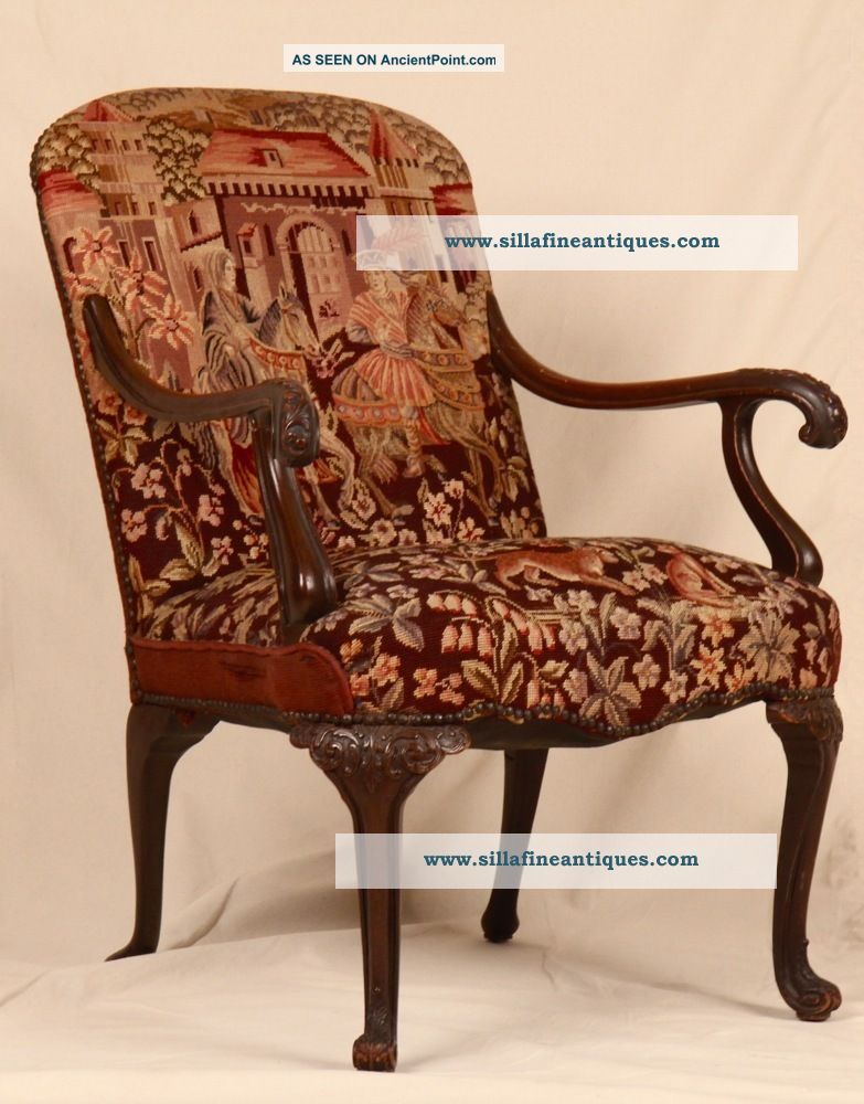 Late 19th Century Georgian Revival Tapestry Upholstered Carved Antique Arm Chair 1800-1899 photo