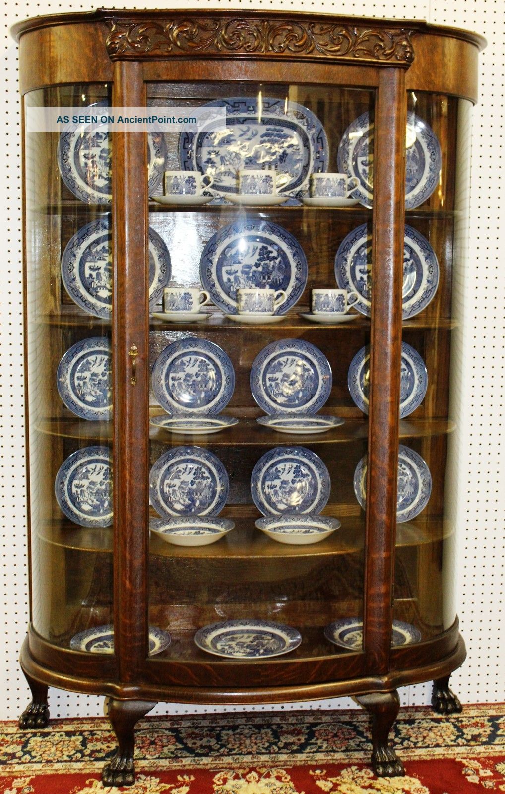 Antique American Curved Glass Tiger Oak Carved China Cabinet C1890 1800-1899 photo