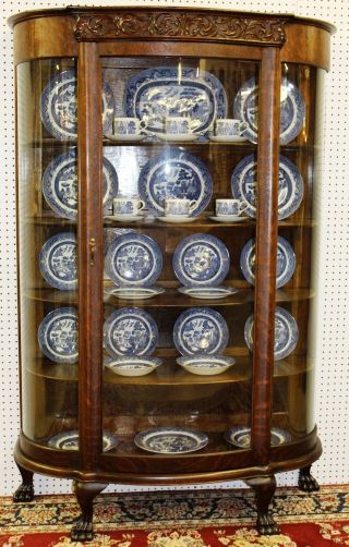 Antique American Curved Glass Tiger Oak Carved China Cabinet C1890 photo