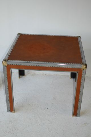 Industrial Modern Mid Century Leather With Metal Trim Table Brown Vintage Design photo