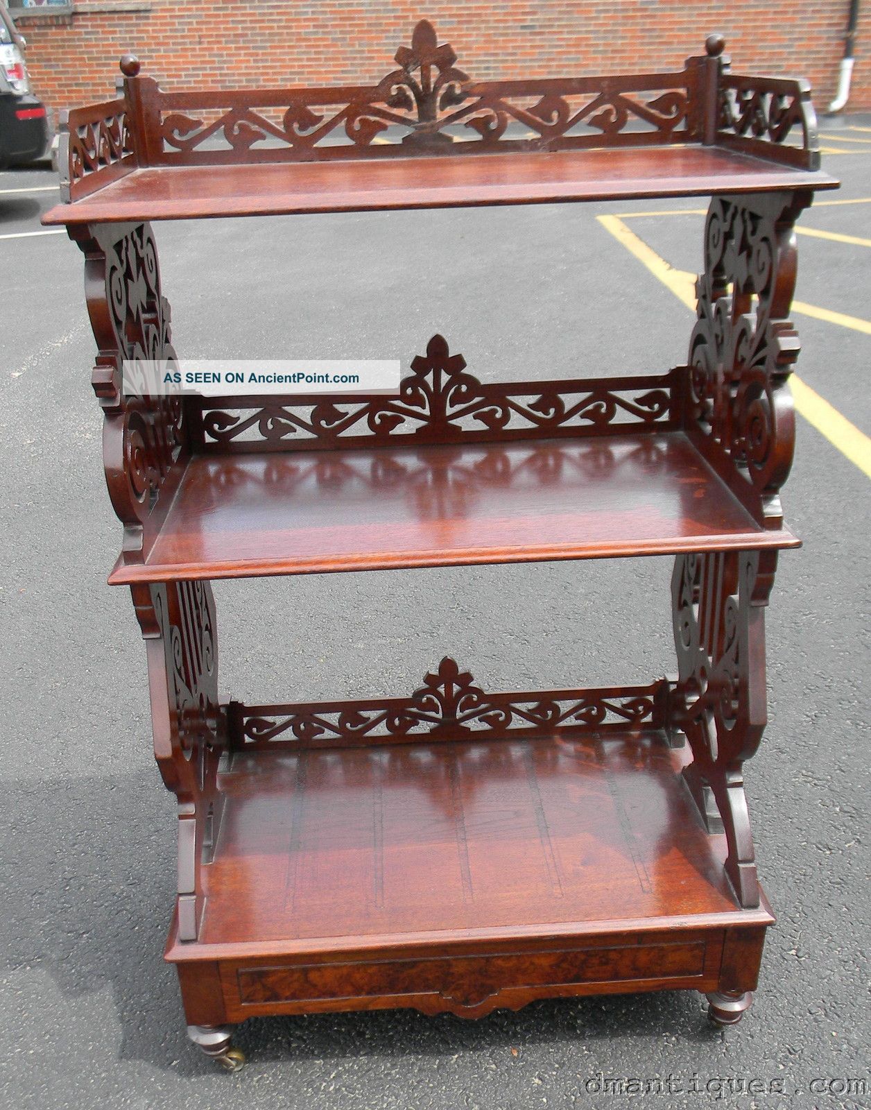Antique Victorian Carved Solid Walnut Etagere Canterbury 3 - Shelf 1 - Draw Cabinet 1800-1899 photo
