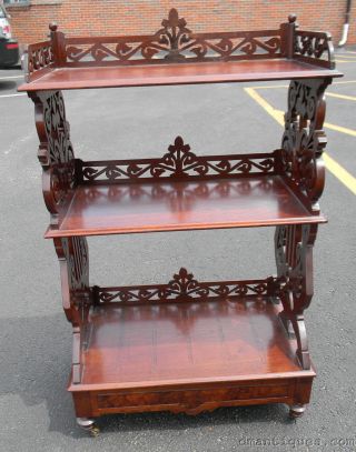 Antique Victorian Carved Solid Walnut Etagere Canterbury 3 - Shelf 1 - Draw Cabinet photo