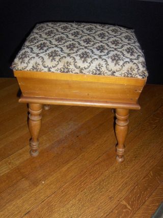 Anitque Sewing Box Foot Stool With Tapestry Cushioned Top,  Maple Wood photo