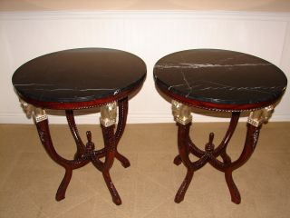 Carved Mahogany Empire Style Marble Top Round End Tables,  Antique Reproduction photo