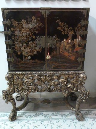 Asian Carved Two Piece 18th C Antique Hand Painted Cabinet W Ornate Detail photo
