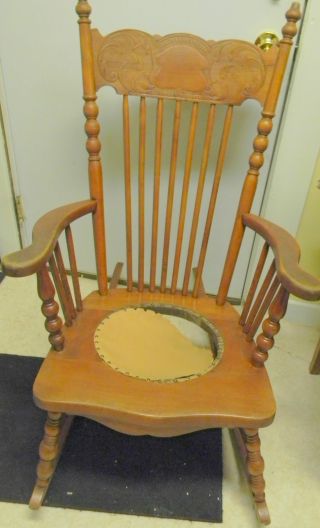 Old Spindle Back Sewing Rocker With Leather Seat In Need Of Repair photo