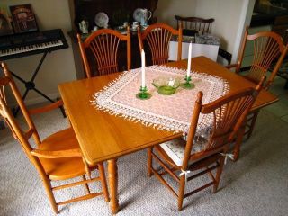 Solid Oak Kitchen Dining Table Set W/chairs & Leaf Extension photo