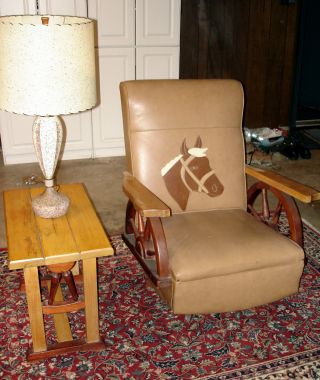 Cowboy Western Wagon Wheel Rocking Chair W/ Horse Head + Matching End Table photo