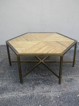 Mid - Century Bamboo And Metal Hexagonal Glass Top Coffee Table 2083 photo