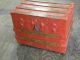 Antique Flat Top Oak Wood Slat Steamer Trunk Chest With Inserts Painted Red 1900-1950 photo 1