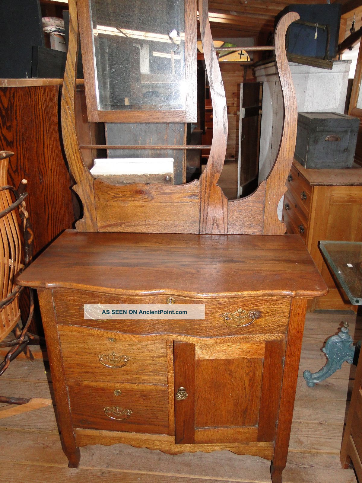 Solid Oak Washstand With Mirror And Towel Bars 1800-1899 photo