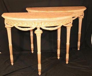 Pair Antique Neoclassical Style Italian Marble Top Carved Demilune Console Table photo