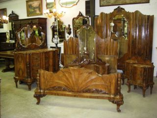 Antique Country French Burl Walnut Six Piece Bedroom Set Fits Queen Bed photo