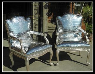 Pair Of Silver Crocodile Baroque Designer Chairs By Thrive Decor Last 2 Chairs photo