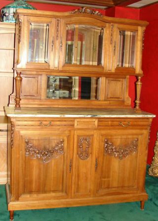 Antique Oak Country French 3 Pc.  Buffet W/marble Top Beveled Glass Mirrored Back photo