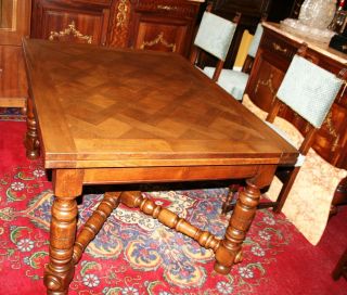 French Antique Draw Leaf Table.  Made From Oak.  Parquetry Top. photo