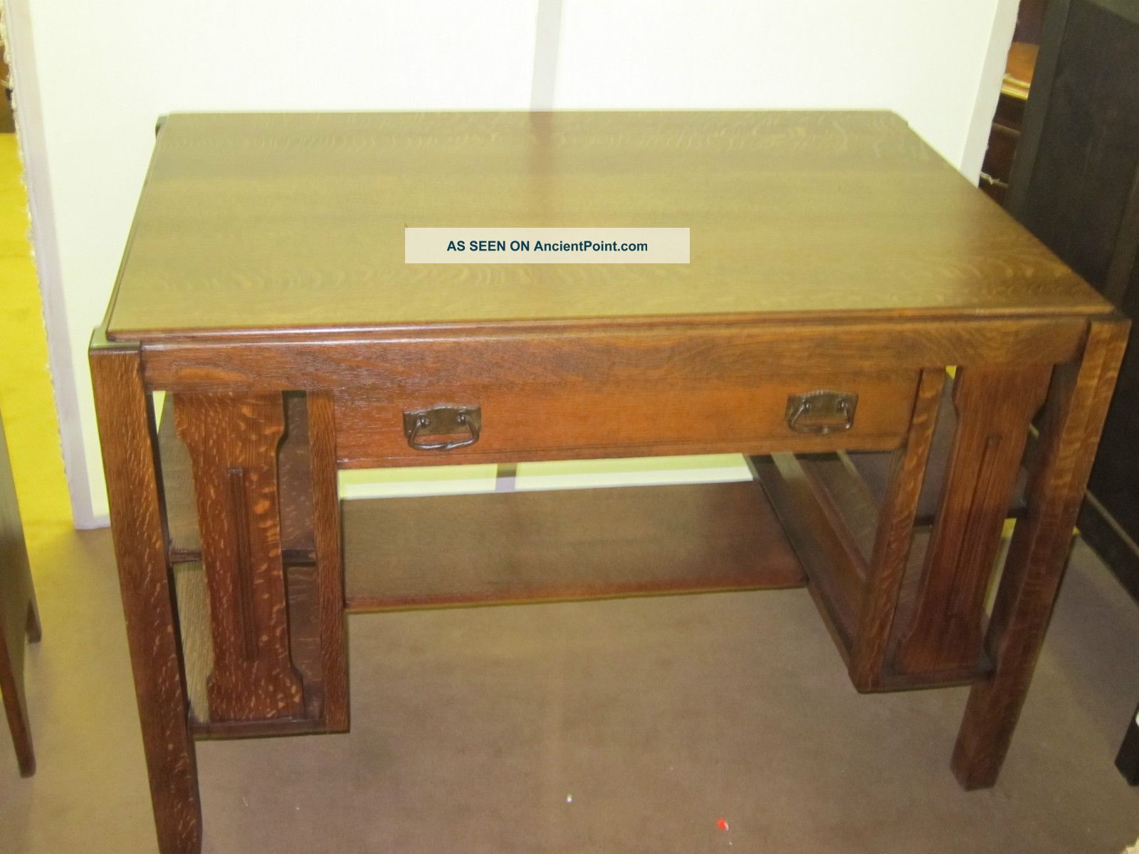 Antique Tiger Oak Mission Style Desk W Drawer Bookshelves On Sides