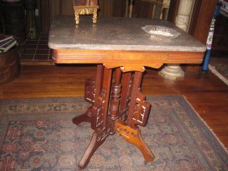 Antique Eastlake Walnut Victorian Grey/pink Marble Top Table photo