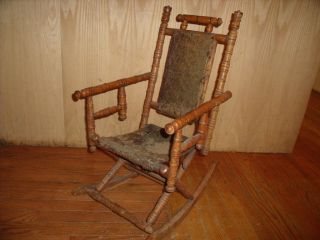 Antique Victorian Rocking Chair For Child / Doll Patina And Fabric photo