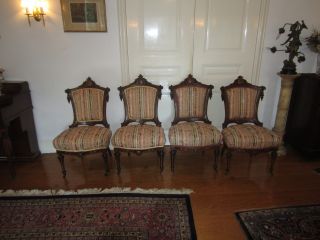 Set Of Four Antique Victorian Walnut Sidechairs Ca.  1860 Recently Reupholstered photo
