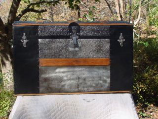 Antique Trunk With Rare Stars & 1/4 Moon Embossed Tin photo