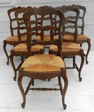 6 Early Vintage French Oak Dining Chairs Rush Ladder Back Farmhouse Kitchen Chic photo