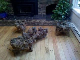 Driftwood Table Glass Living Room Set 3 Tables 1970s photo
