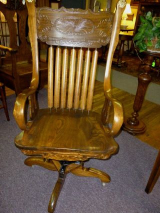 Antique Oak / Ash Office Swivel Chair Bentwood Arms Pressed Back Refinished Usa photo
