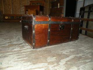 Antique Stagecoach Jenny Lind Wood Trunk With Metal Rivets And Bands 1800 ' S photo