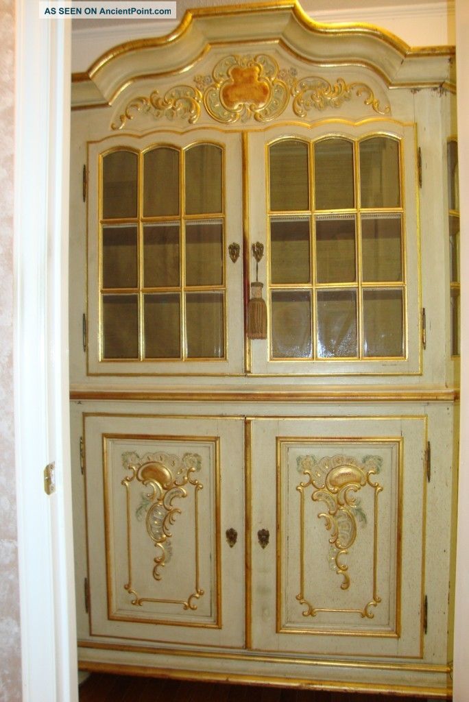 Shabby Painted Antique Cupboard Romantic Cottage Italian Style Old Glass Panes 1800-1899 photo