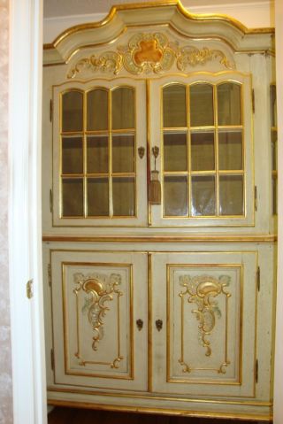Shabby Painted Antique Cupboard Romantic Cottage Italian Style Old Glass Panes photo