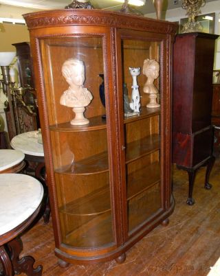 Antique Victorian Carved Solid Oak Large China Cabinet photo