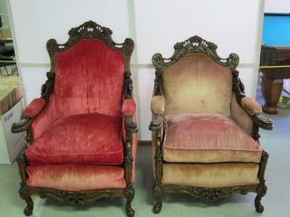 Pair Of Walnut Ornate French Master & Mistress Chairs Hand Carved Cabriole Legs photo