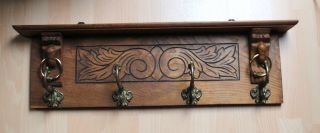 Antique Dutch Carved Wooden Oak Rack Shelf Lion Head 4 Brass Hooks photo