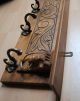 Antique Dutch Carved Wooden Oak Rack Shelf Lion Head 4 Brass Hooks Other photo 1