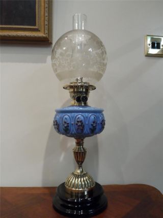 A Fabulous Antique Victorian (1850) Pastel Blue Glass Table Oil Lamp photo