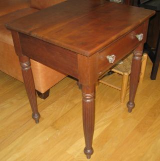 Antique American New England Sheraton Cherry And Mahogany Work Table Reeded Legs photo