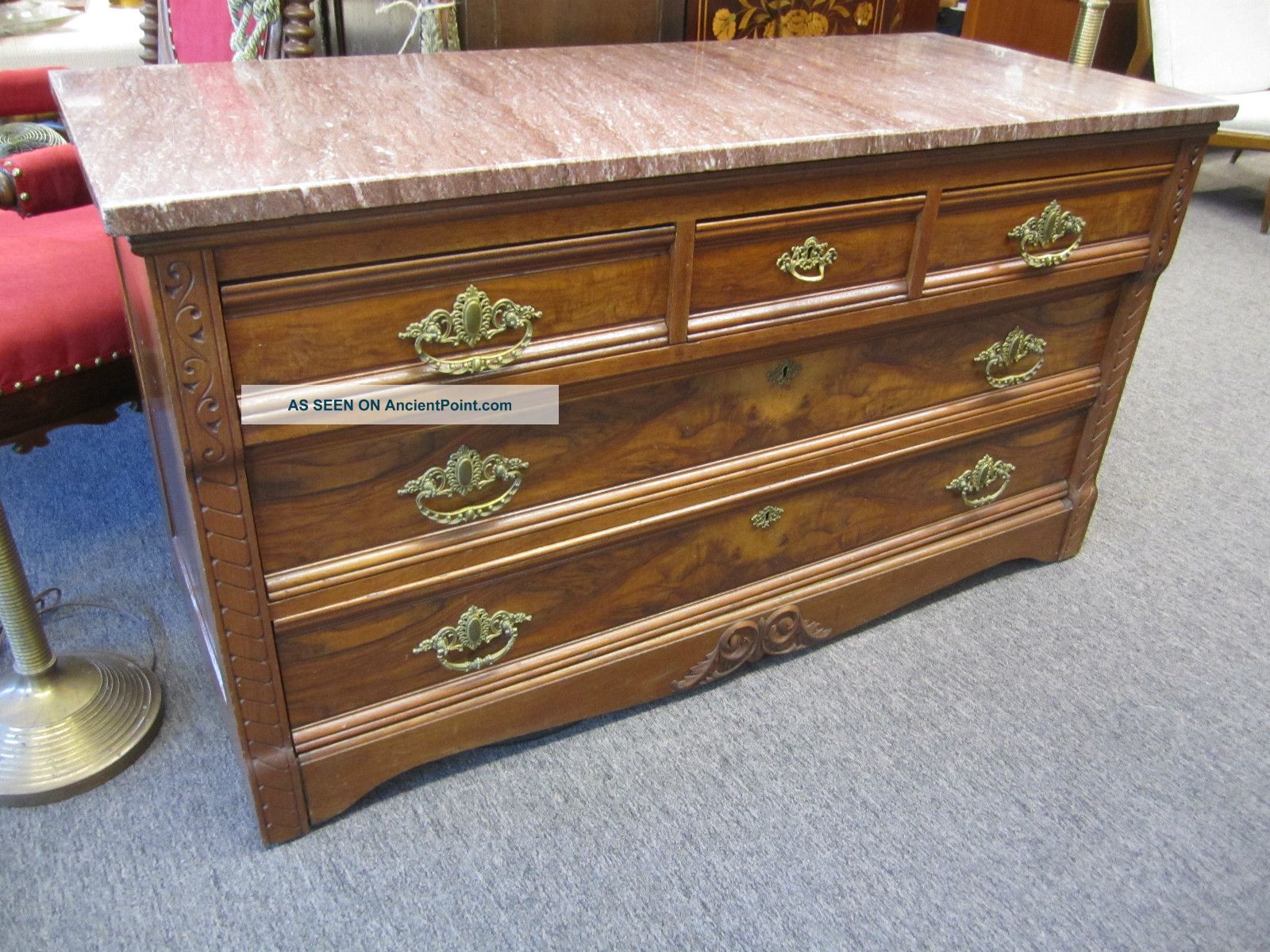 Antique Eastlake Dresser Burl Wood Aesthetic Style Marble Top 5 Drawers Ships 1800-1899 photo