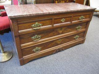 Antique Eastlake Dresser Burl Wood Aesthetic Style Marble Top 5 Drawers Ships photo