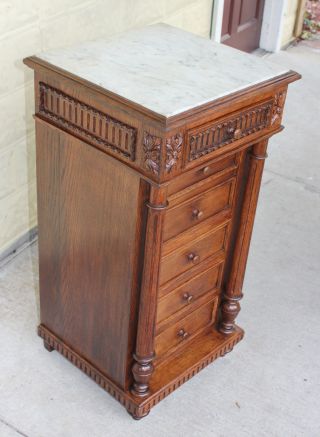 Elegant French Antique Henry Ii Marble Top Nightstand.  Made From Oak. photo