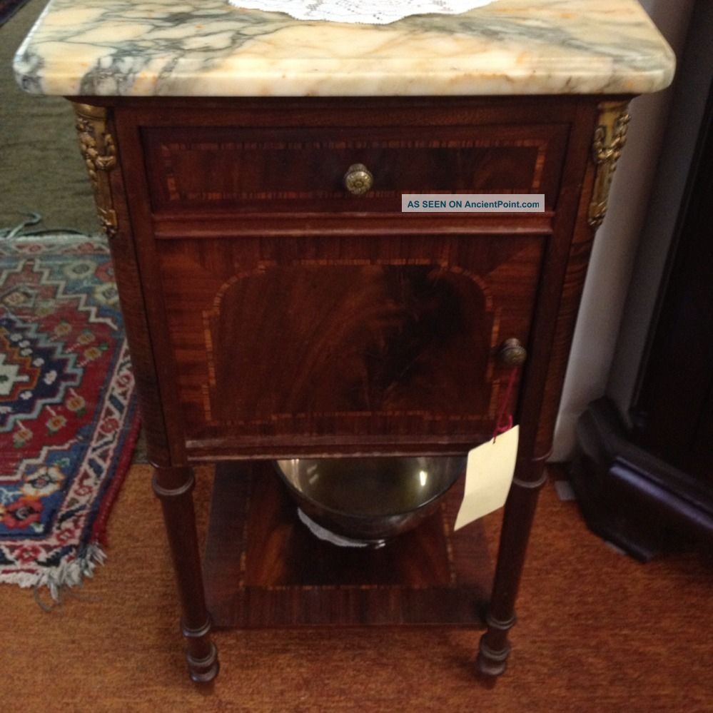 French Inlaid Mahogany & Marble Top Side Cabinet Table 1900-1950 photo