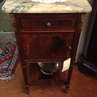 French Inlaid Mahogany & Marble Top Side Cabinet Table photo