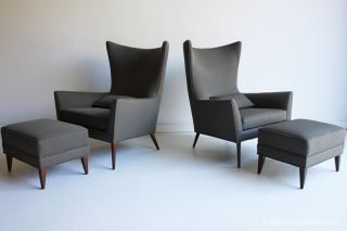 Mid Century Paul Mccobb Rare Sculpted Highback Lounge Chairs And Ottomans photo
