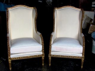 Pr.  Large Gilt Wood Louis Xvi Wing Chairs photo
