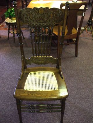 Antique Oak Chair Cane Double Devil Pressback Griffins? Made In Usa photo