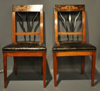 Pair Of 19th Century Chairs.  Biedermeier.  Leather Seats W Great Lion Inlay. photo