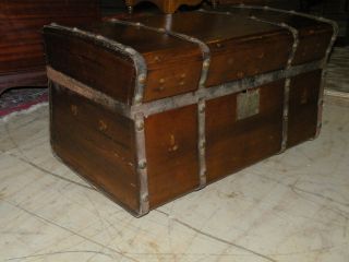 Antique Stagecoach Jenny Lind Wood Trunk With Metal Rivets And Bands 1800 ' S photo