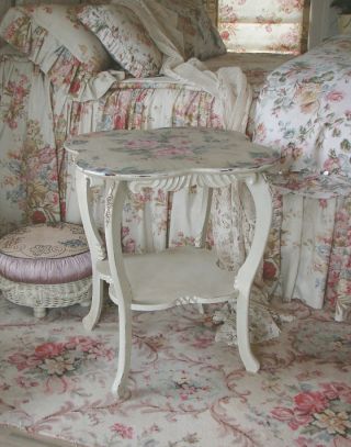 Sweet Handpainted Chintz English Victorian Carved Oak Table Barbola Pink Roses photo