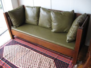 Mission Arts & Crafts Limbert Settle Sofa Oak Leather photo